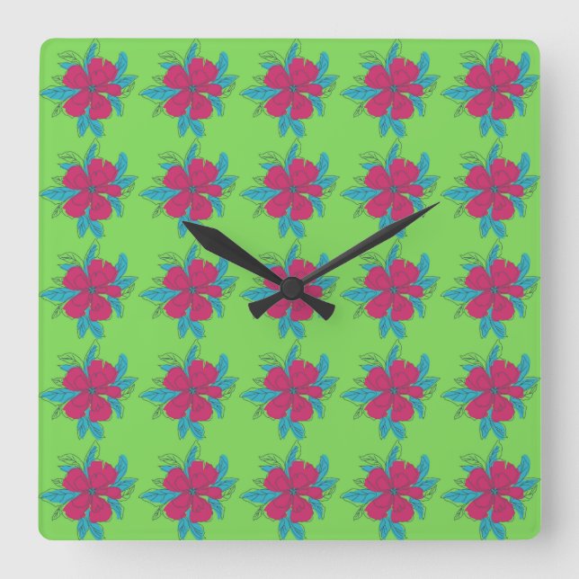 Colourful Flower Pattern on Green Background Square Wall Clock (Front)