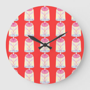 Colourful Flower Pattern on Red Background Large Clock
