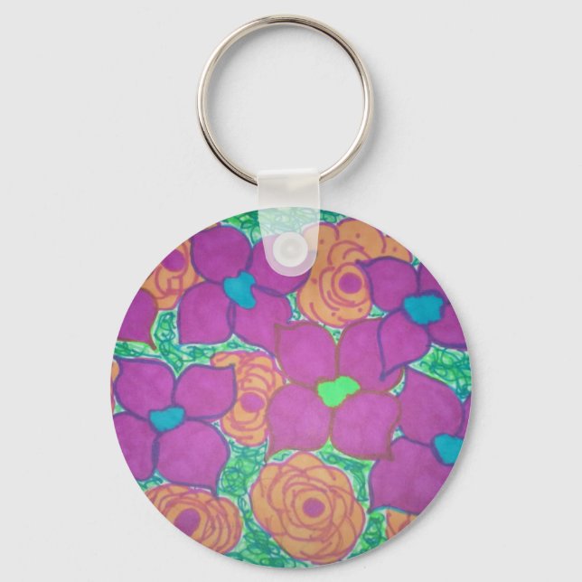 Colourful Flower Pattern Tropical Art Key Ring (Front)