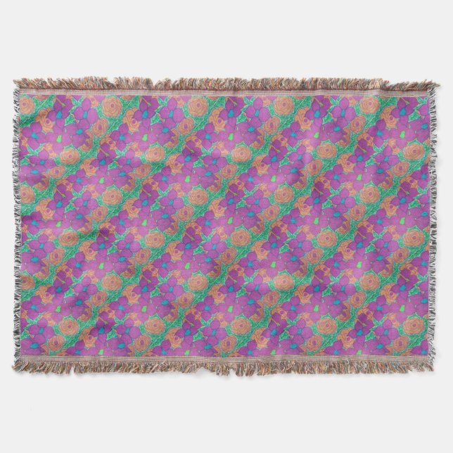 Colourful Flower Pattern Tropical Art Throw Blanket (Front)