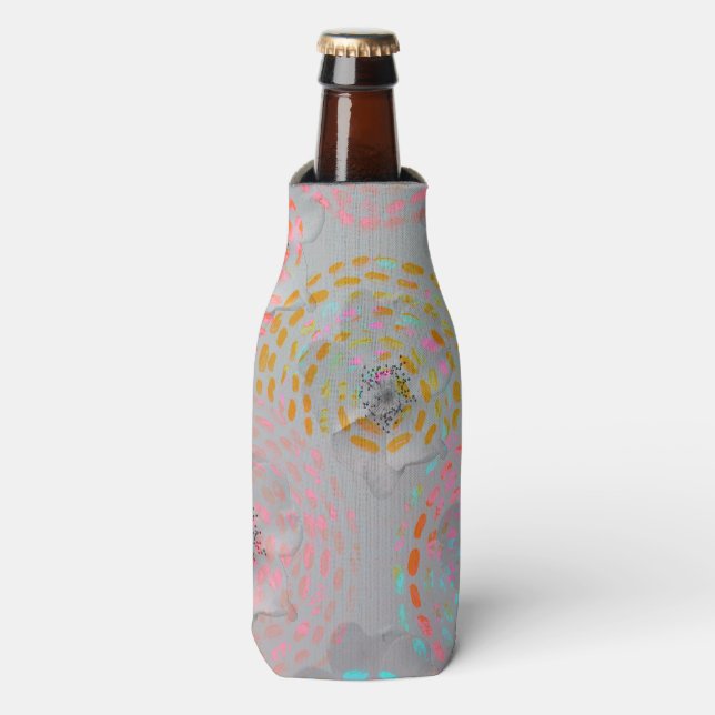 Colourful flower pattern with dotted graphic lines bottle cooler (Bottle Front)