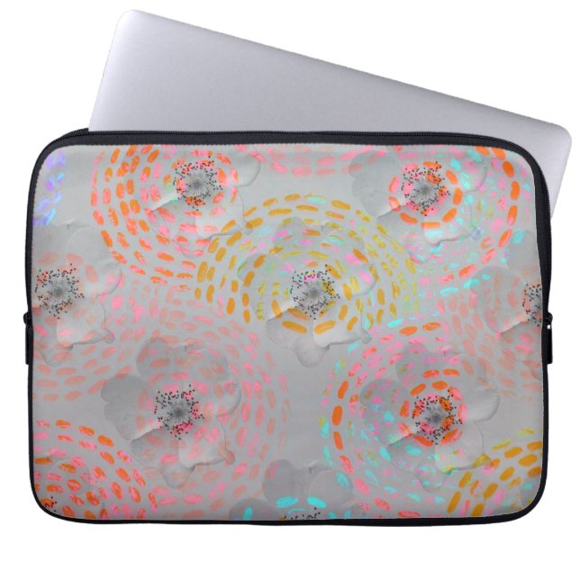 Colourful flower pattern with dotted graphic lines laptop sleeve (Front)