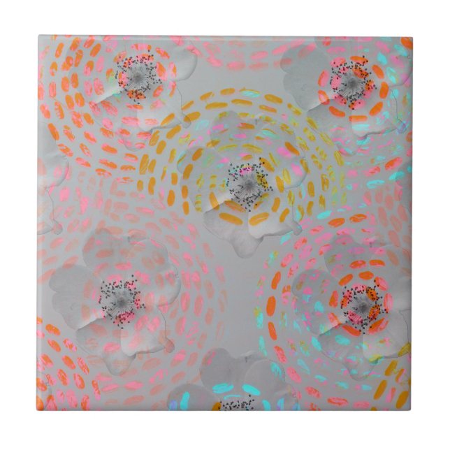 Colourful flower pattern with dotted graphic lines tile (Front)