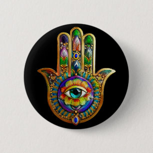 Colourful Flower Petals Turquoise Third Eye Hamsa 6 Cm Round Badge