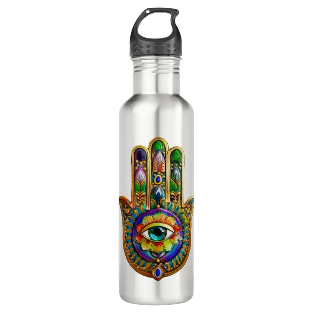 Colourful Flower Petals Turquoise Third Eye Hamsa 710 Ml Water Bottle (Front)