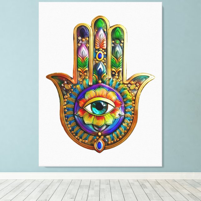 Colourful Flower Petals Turquoise Third Eye Hamsa Canvas Print (Insitu(Wood Floor))