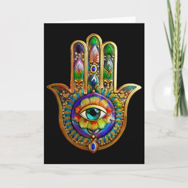 Colourful Flower Petals Turquoise Third Eye Hamsa Card (Front)