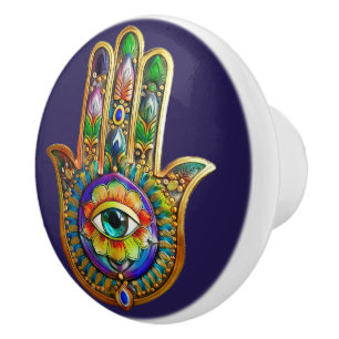 Colourful Flower Petals Turquoise Third Eye Hamsa Ceramic Knob