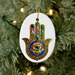 Colourful Flower Petals Turquoise Third Eye Hamsa Ceramic Tree Decoration