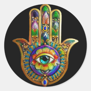 Colourful Flower Petals Turquoise Third Eye Hamsa Classic Round Sticker