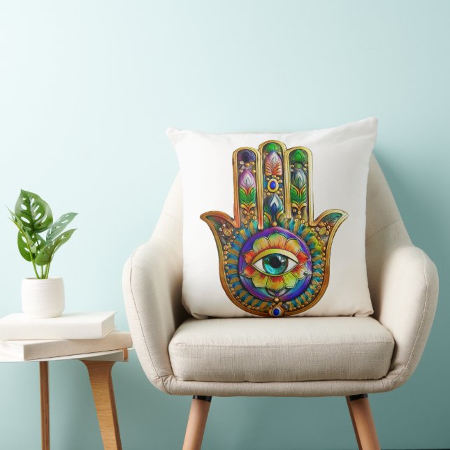 Colourful Flower Petals Turquoise Third Eye Hamsa Cushion (Chair)