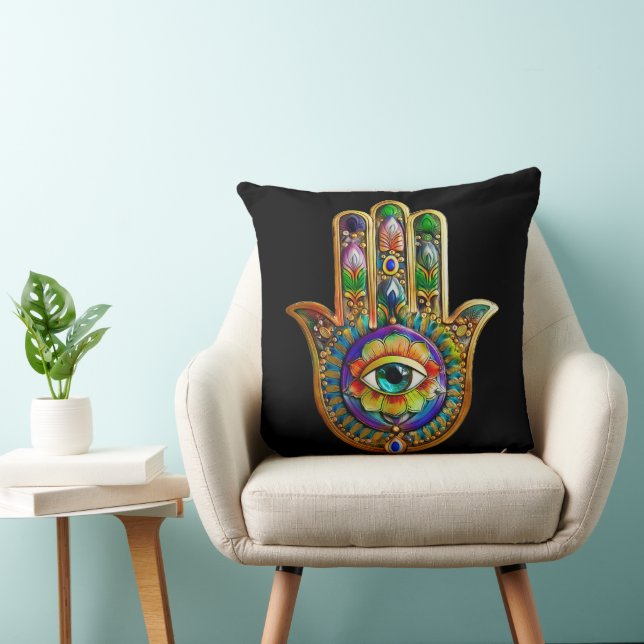 Colourful Flower Petals Turquoise Third Eye Hamsa Cushion (Chair)