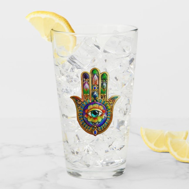 Colourful Flower Petals Turquoise Third Eye Hamsa Glass (Front Ice)