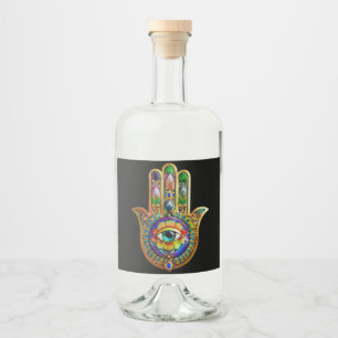 Colourful Flower Petals Turquoise Third Eye Hamsa Liquor Bottle Label
