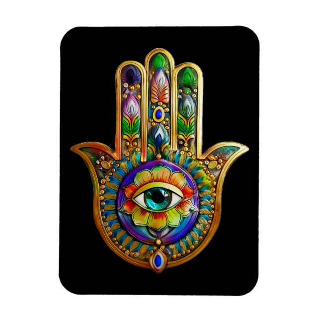 Colourful Flower Petals Turquoise Third Eye Hamsa Magnet (Vertical)