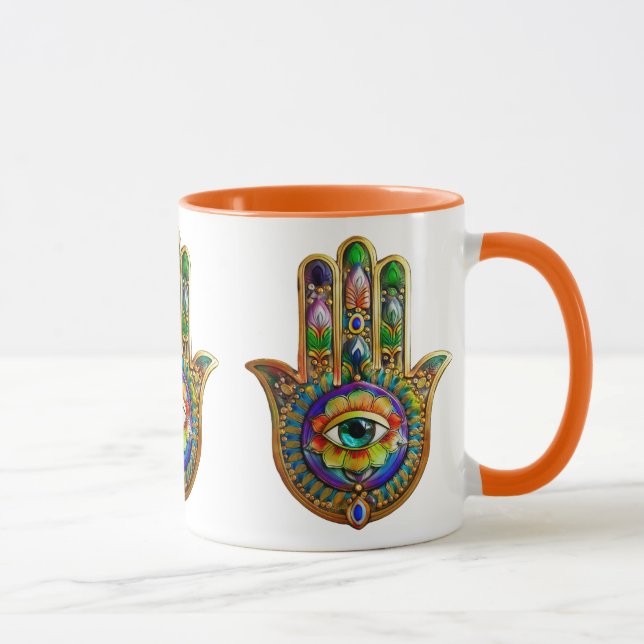 Colourful Flower Petals Turquoise Third Eye Hamsa Mug (Right)