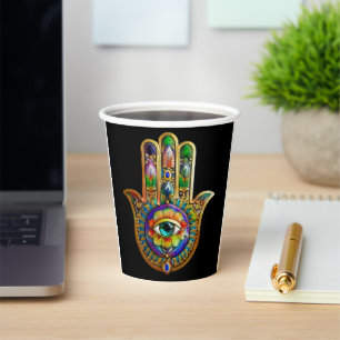 Colourful Flower Petals Turquoise Third Eye Hamsa Paper Cups