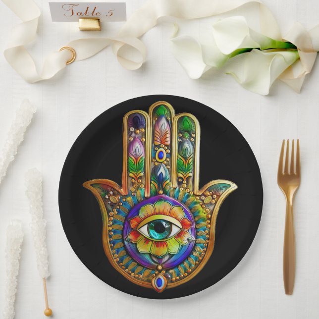 Colourful Flower Petals Turquoise Third Eye Hamsa Paper Plate (Wedding)