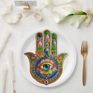 Colourful Flower Petals Turquoise Third Eye Hamsa Paper Plate