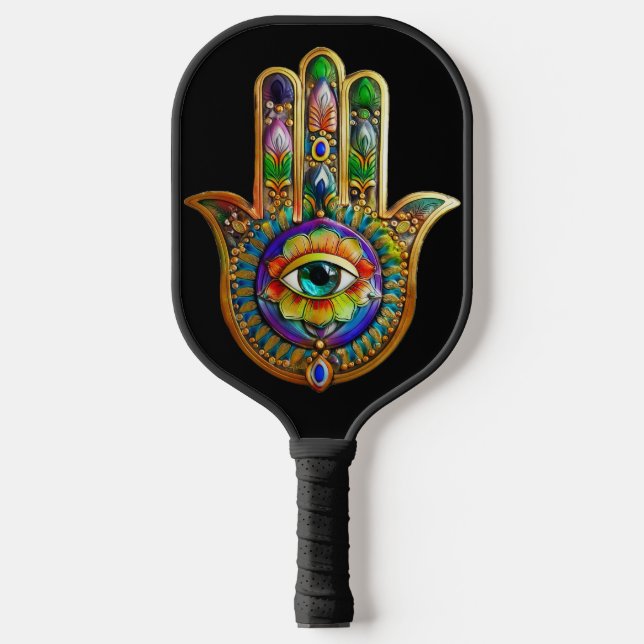 Colourful Flower Petals Turquoise Third Eye Hamsa Pickleball Paddle (Front)