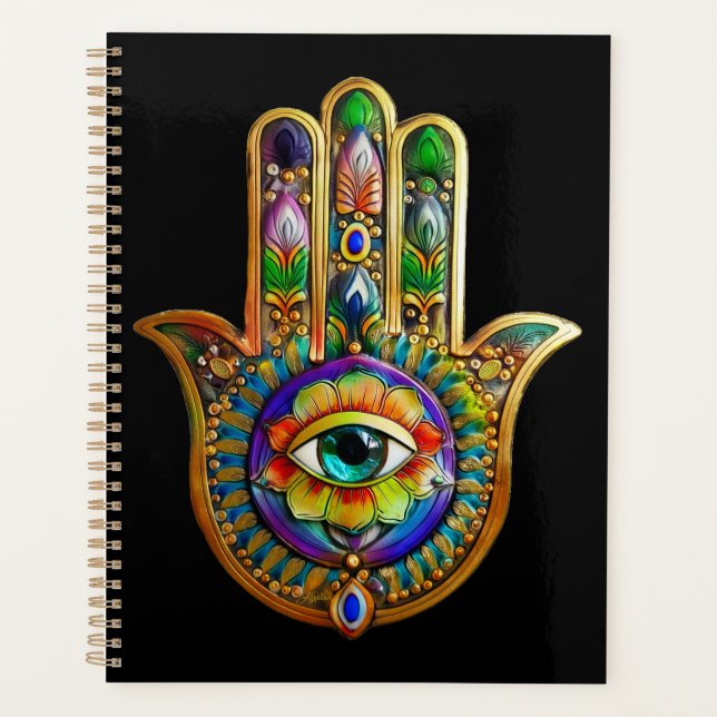 Colourful Flower Petals Turquoise Third Eye Hamsa Planner (Front)