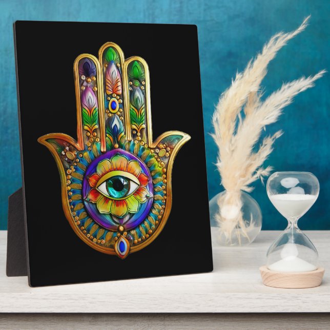 Colourful Flower Petals Turquoise Third Eye Hamsa Plaque (Side)