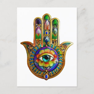 Colourful Flower Petals Turquoise Third Eye Hamsa Postcard