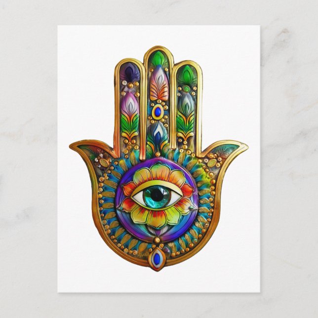 Colourful Flower Petals Turquoise Third Eye Hamsa Postcard (Front)