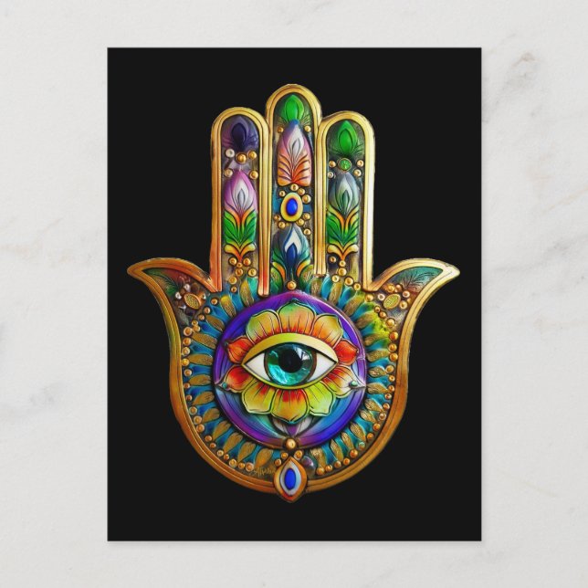 Colourful Flower Petals Turquoise Third Eye Hamsa Postcard (Front)