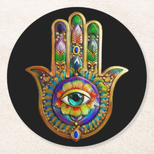 Colourful Flower Petals Turquoise Third Eye Hamsa Round Paper Coaster