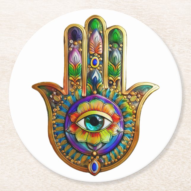 Colourful Flower Petals Turquoise Third Eye Hamsa Round Paper Coaster (Front)