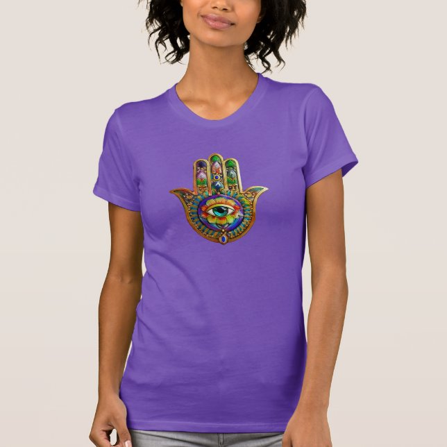 Colourful Flower Petals Turquoise Third Eye Hamsa T-Shirt (Front)
