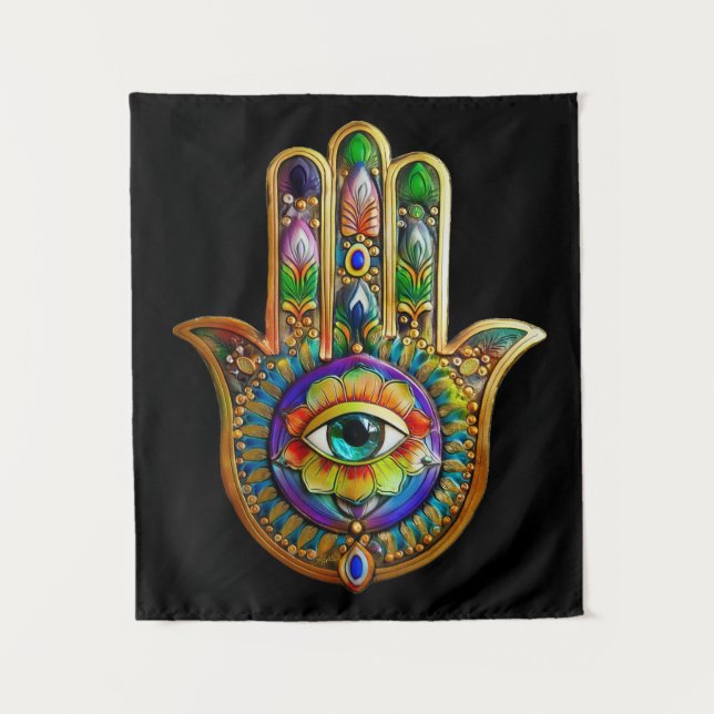 Colourful Flower Petals Turquoise Third Eye Hamsa Tapestry (Front)
