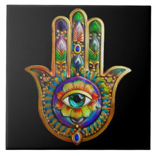 Colourful Flower Petals Turquoise Third Eye Hamsa Tile