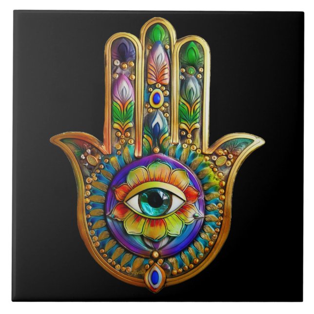 Colourful Flower Petals Turquoise Third Eye Hamsa Tile (Front)