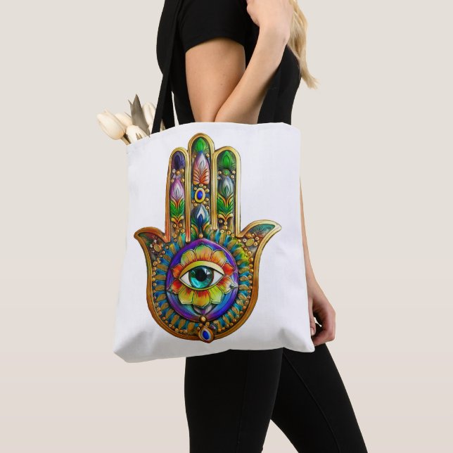 Colourful Flower Petals Turquoise Third Eye Hamsa Tote Bag (Close Up)