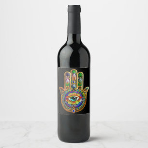 Colourful Flower Petals Turquoise Third Eye Hamsa Wine Label