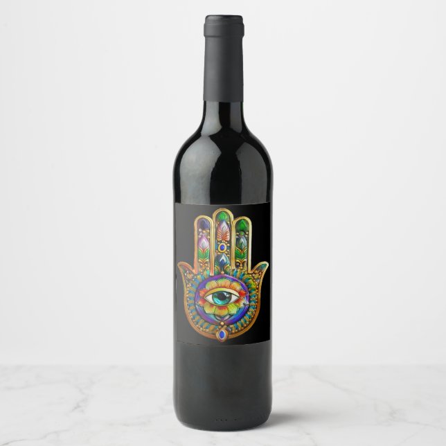 Colourful Flower Petals Turquoise Third Eye Hamsa Wine Label (Front)