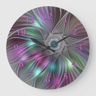 Colourful Flower Power Abstract Modern Fractal Art Large Clock