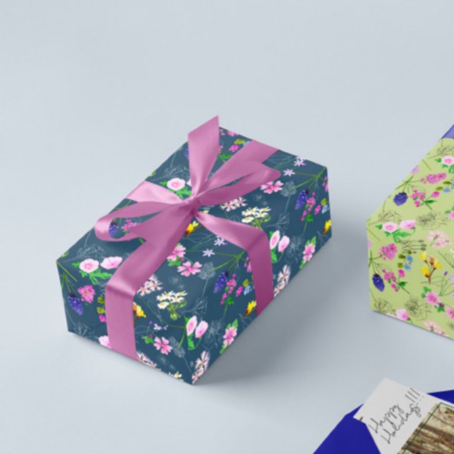 Colourful flower print on a dark blue background wrapping paper (Creator Uploaded)