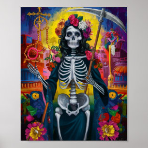 Colourful Flower Santa Muerte Poster