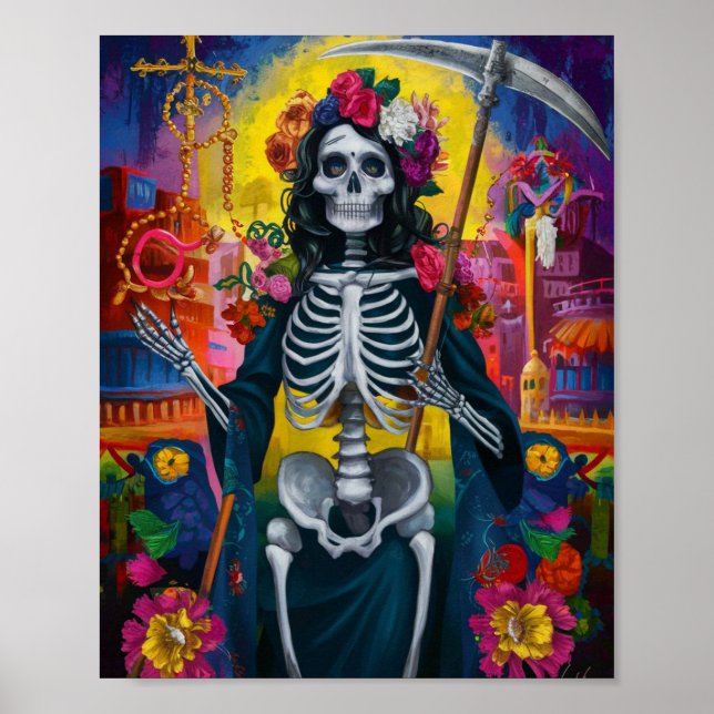 Colourful Flower Santa Muerte Poster (Front)