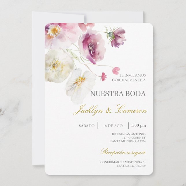 Colourful flower Spanish Wedding Invitation (Front)