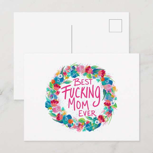 Colourful Flower Wreath Best F*cking Mum Ever Postcard (Front/Back)