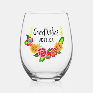 Colourful Flower Wreath Modern Good Vibes Name Stemless Wine Glass