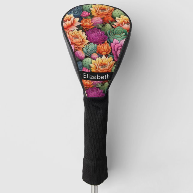 Colourful Flowering Cactus Personalised Golf Head Cover (Front)