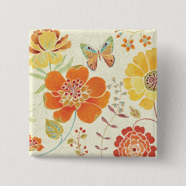 Colourful Flowers and Butterflies 15 Cm Square Badge (Front)