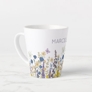 Colourful Flowers and Butterflies Custom Name Latte Mug