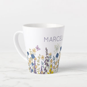 Colourful Flowers and Butterflies Custom Name Latte Mug