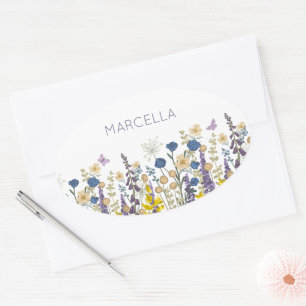 Colourful  Flowers and Butterflies Custom Name Oval Sticker